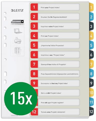 Leitz PC-beschriftbares Register in A4 Format, 15er Pack, 1-12, Robust, Mehrfarbig, Cosy-Serie, 12480000
