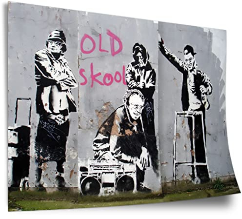 Poster aus Baumwolle Banksy - Old school skool Alte Männer zelebrieren den realen Hip Hop Graffiti-Wandbild cool modern Kunstdruck ohne Rahmen, Wandbild - A4, A3, A2, A1, A0, XXL - Wohnzimmer, Sc..
