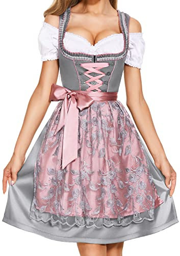 AMZHOTER Dirndl Damen midi Trachtenkleid Trachtenmode Trachtenrock Kleid inkl. Dirndlbluse Dirndlschürze 3 teilig für Oktoberfest Besondere Anlässe Grau 44
