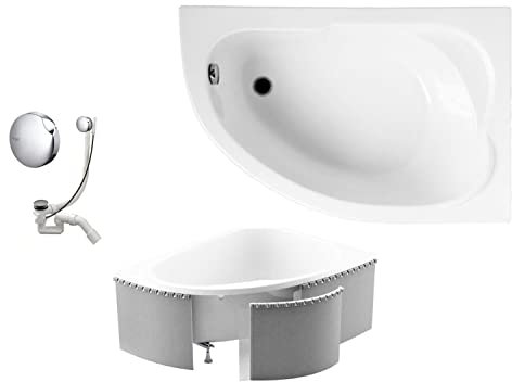 VBChome Bañera derecha 130 x 85 cm, acrílico, set de soporte para la bañera, sifón, esquina, bañera de esquina, color blanco, diseño moderno, desagüe, bañera derecha, soporte de poliestireno, desagüe