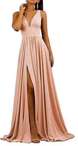 HPPEE Robe de demoiselle d'honneur pour femme - Col en V profond - Grande taille - Robe de fête de mariage avec fente, rose poudré, 34