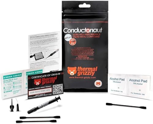 Thermal Grizzly Conductonaut Wärmeleitpaste - 1 Gramm Set + 3 Applikator + Spatel & Pads - Flüssigmetall-Wärmeleitpaste zur Kühlung der CPU, GPU Vorteilspack