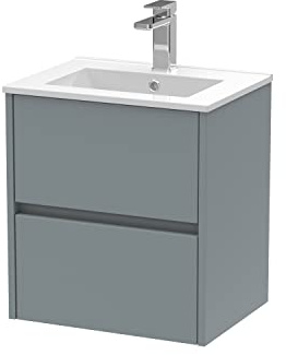 Hudson Reed HAV2302B Havana Modern Bathroom Wall Hung 2 Drawer Vanity Basin Unit & Minimalist Ceramic Basin, 500mm, Matt Coastal Grey