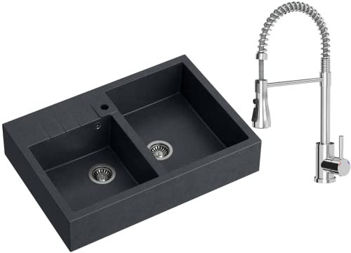 VBChome Spülbecken 90 x 62 cm Bauernhaus-Küchenspüle Doppelschüssel Schwarz Granit Rechteckig Einbauspüle Gesprenkelt Großes Tiefes Becken Granitspüle + Siphon + Armatur
