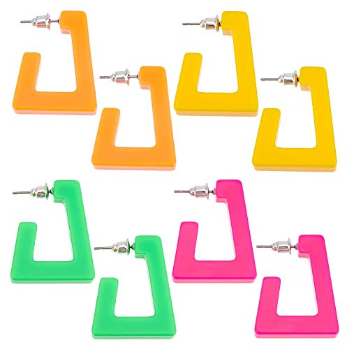 PandaHall 4 Paar 80s Statement-Ohrringe, 4 Farbe Half Creolen Ohrringe Fluoreszierende Ohrringe Acryl Trapezohrringe mit 304 Edelstahlstiften für Frauen Sommerparty Kostüm
