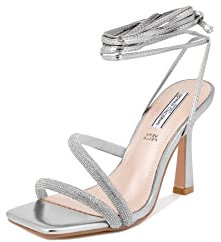 QUEEN HELENA Elegante lässige Sandalen mit hohem Absatz mit Strass und Schnürung für Damen ZM9304, silber / schwarz, 40 EU