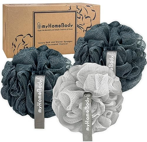 myHomeBody 60g Luffaschwamm, 2 Midnight Blue + 1 Fog Gray, 3er Set | Body Scrubber, Badeschwamm, Sanfter Peeling Schwamm - Körperreinigungs- und Duschschwamm mit Aktivkohle