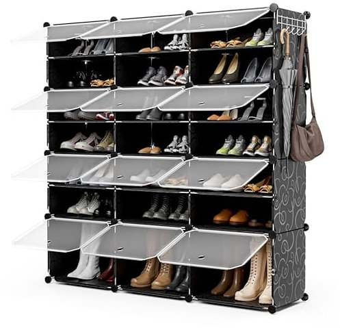 COSTWAY Shoe Storage Cabinet, 3 x 8 Tier Modular Plastic Cube Shoe Rack with Removable Shelf and 5 Hooks, Portable DIY Interlocking Shoes Organiser Unit for Hallway Entryway Closet (Black)