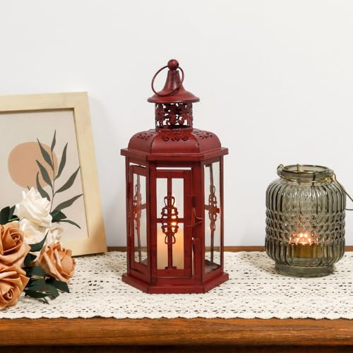 JHY DESIGN Farol Colgante Decorativo de 25 cm de Alto con Velas Vintage, portavelas de Metal con Cristal para Interior-jardín-balcón-salón (Rojo)
