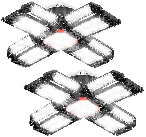 Sonnewelt Led Werkstatt Deckenleuchte, 2 PCS Garagenlampe 200W,Led Garagenbeleuchtung 20000LM 6500K,Werkstatt Beleuchtung mit 12 Verstellbaren Paneelen,E26 / E27 Werkstattbeleuchtung für Keller