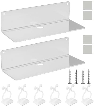 MEMOFYND 2 Stück Schwebende Acrylregale Mit 4 Dehnschrauben, 4 Nagelfreien Klebern Und 6 Stück Weißen Datenkabelklemmen, Acrylregal, Selbstklebendes Lagerregal, Kleines Wandregal