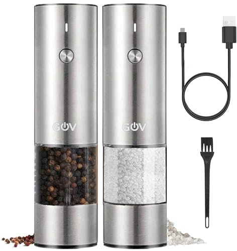 GOV Electric Pepper and Salt Mill Set Regular - Stainless Steel - Pepper Mill - Rechargeable - Adjustable (XL/ 65ml)