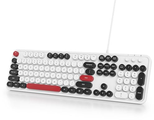 Owpkeenthy Teclado para máquina de escribir con cable y llave redonda retro silencioso, Plug and Play, con soporte plegable para ordenador portátil y de oficina (blanco minimalista)
