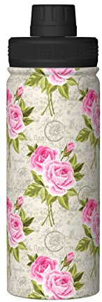 XqmarT Botella de agua, flor rosa vintage, termos aislados, vaso de vacío de acero inoxidable de 18 onzas, frasco de agua