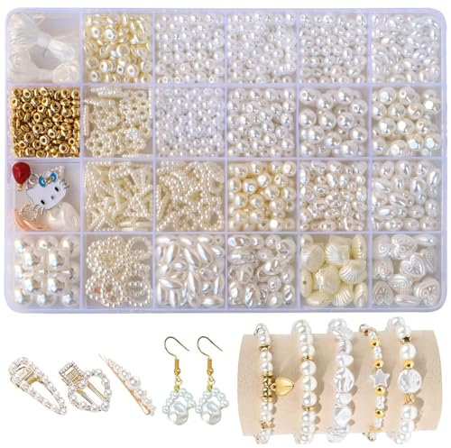 BOMULEZG Weiße Perlen Set zum Armbänder Selber Machen, DIY Schmuck Bastelset für Mädchen & Erwachsene, Perlen zum Auffädeln für Armband, Halskette, Geschenkideen (1)