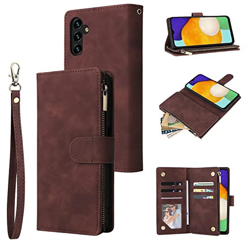 QLTYPRI Hülle für Samsung Galaxy A55 5G, Premium Leder Handyhülle mit Große Kapazität 6 Kartenfach & 1 Reißverschluss Tasche Ständer Schutzhülle für Samsung Galaxy A55 5G - Kaffee Braun