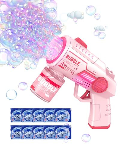 Pistola a Bolle per Bambini, Spara Bolle di Sapone Automatico Macchina con 10 Pezzi Soluzione Bolla, 6000 + Bolle/Min, Luce LED, Estate per Festa/Spiaggia/Compleanno/Matrimoni（Rosa）