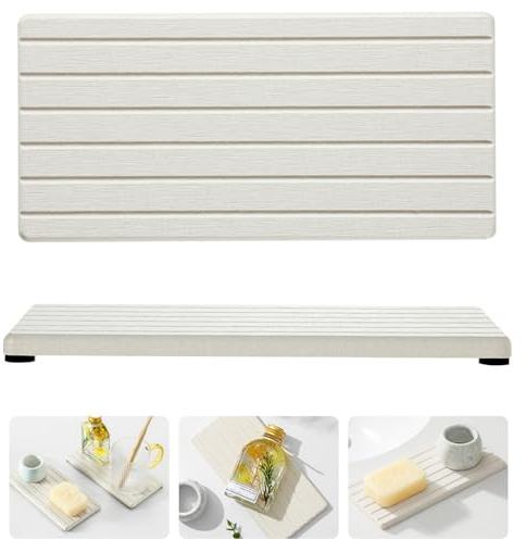 Razborci 2 x Badezimmer-Waschbecken-Tabletts, Kieselgur-Stein, Küchentheke, Behälter, Seifenspender, Schwammhalter, wasserabsorbierende Matte, Organizer für Pflanzen, Kosmetikflaschen, Graubeige, 20,3
