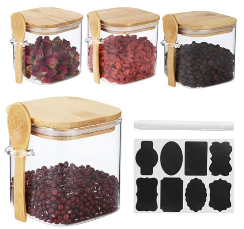 4 Piezas Tarros De Cristal Con Tapa Hermética Cuchara,800ML Frascos De Vidrio Con Tapa,Viene con papel para etiquetas y marcadores.Adecuado para el almacenamiento en la cocina de café, té, azúcar