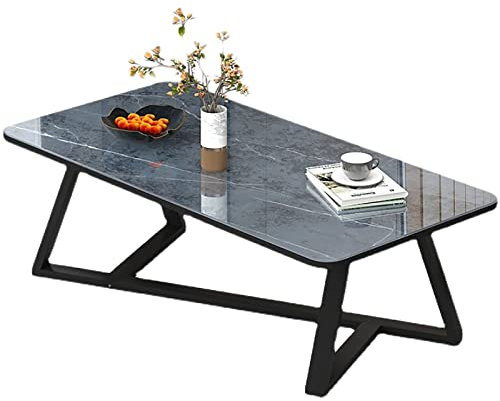 Couchtisch mit schwarzem Metallrahmen, Glas-Couchtisch mit Kunstmarmorplatte, rechteckiger Sofatisch für Wohnzimmer, Esszimmer/Tee
