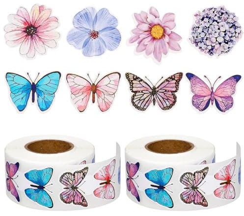 Dimeho Lot de 1000 rouleaux d'autocollants papillon et fleurs - 16 designs - Fleurs et papillons mignons - Autocollants décoratifs pour scrapbooking - Enveloppes