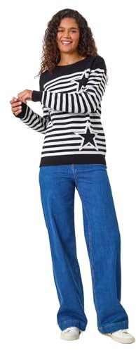 Roman Originals Thick Jumper for Women UK - Ladies Winter Autumn Smart Casual Knit Knitted Knitwear Pull-On Round Crew Neck Long Sleeve Work Office Dinner Party - Noir Ivory - Size 12