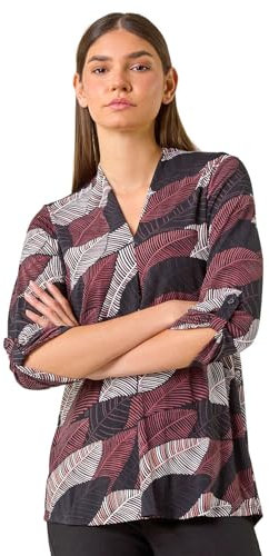 Roman Originals Leaf V Neck Stretch Jersey Top for Women UK Ladies Pleated Shirt Notch V Neck Blouse Summer Tunic Spring Pull-On Soft Evening Holiday Work Party Everyday - Maroon - Size 20