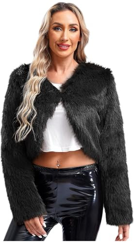 Jugaoge Damen Modische Kunstpelz Bolero Kurze Langarm Cropped Top Flauschige Jacke Open Front Komplett Gefüttert Kurze Strickjacke Cardigen Outerwear Schwarz S