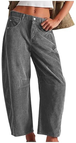 Cordhose Damen Casual High Waist Tapered Hose Baumwoll 7/8 Gerades Bein Hosen Einfarbig Freizeithosen mit Taschen