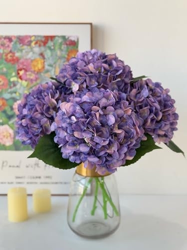 YalzoneMet 4Pcs Purple Silk Hydrangea Artificial Flower Lifelike Big Blooms 20'' Long Stem Faux Hydrangea Flower Bouquets for Home Party Indoor Outdoor Wedding Table Centerpiece Decor