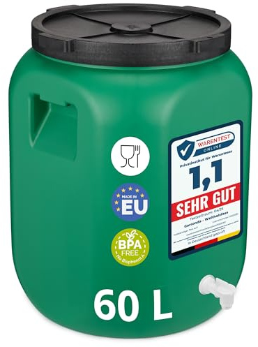 Garronda tanica di plastica da 60 litri a bocca larga con coperchio, in materiale privo di BPA, bidone plastica con rubinetto universale, serbatoio acqua per il giardino GD-0078, Verde