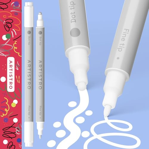 ARTISTRO 2 White Acrylic Paint Pens Dual-Tip Dot+Fine for Fabric & Rock | Opaque Water-Based Colour that Shows Up on Dark Card, Two Nib Widths in One Barrel, Craft Gift for Adults, Teens & Kids