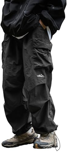Mens's Baggy Cargo Pants Casual Parachute Pants Loose Fit Hip Hop Harme Lightweight Water Resistant Pants with Pockets Black