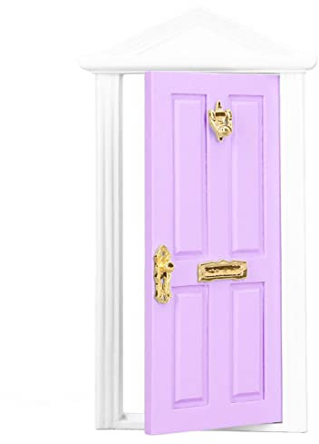 Akozon Mini Holzmärchen -Tür - Farbenfrohes und Detailliertes Puppenhaus -Zubehör für 1:12 Häuser, Glatte Kanten für Einfache Tion (helles Lila)