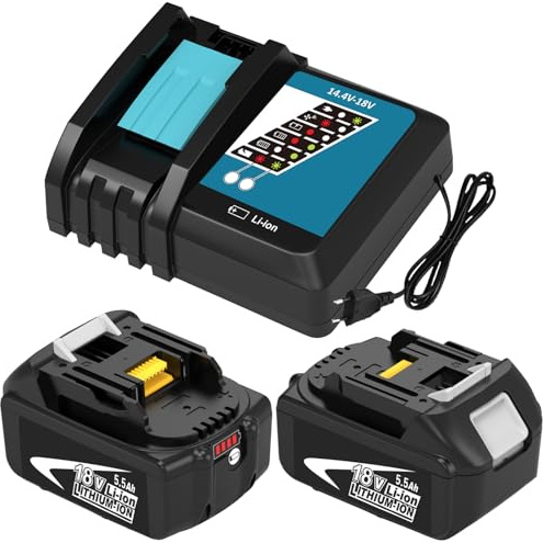 2Stück BL1860 5,5Ah Ersatzakku für Makita Akku 18V mit Ladegerät für Makita Ladegerät 18V DC18RCT Kompatibel mit14.4V-18V BL1860 BL1850B Akku
