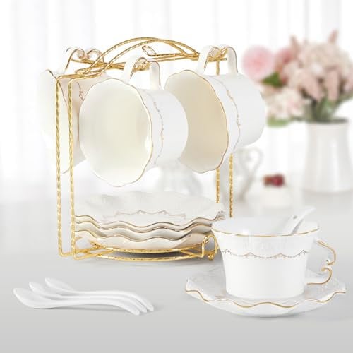 DUJUST Tea Cups and Saucers Set of 4 (200ml /7 OZ), Luxury Tea Cup Set with Golden Trim, Relief Printing Coffee Cups with Metal Stand, British Royal Porcelain Tea Party Set - White