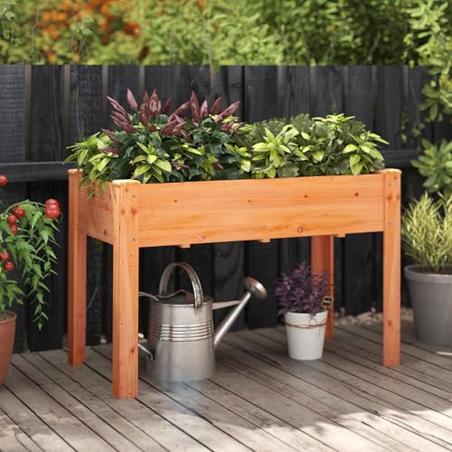 GOPLUS Carré Potager sur Pieds en Bois de Sapin, Jardinière Surélevée Extérieure avec Trou de Drainage, pour Fleurs, Légumes et Fruits, 120,5x60,5x81,5CM (Orange)