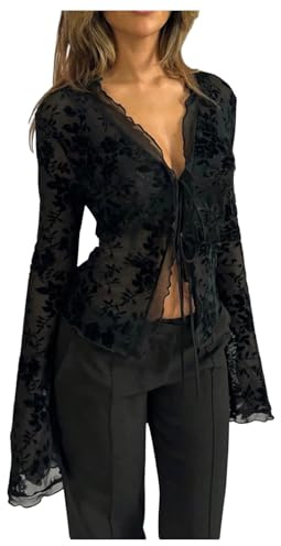 GORGLITTER Women's Deep V Neck Floral Mesh Sheer Blouses Bell Long Sleeve Tie Front Split Sexy Skinny Party Tops Black Large