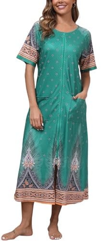 Zipper Bathrobe for Women Moo Moos House Dress Zipper Long Duster Housecoat with Pockets Green,3XL