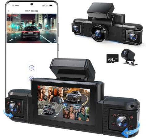 Adelagnes Dashcam Auto Vorne Hinten für Autos,4 Kanal Dash Cam Auto Kamera 3 IPS Bildschirm,5GHz WiFi Dash Cam mit 64GB SD Karte,Nachtsicht,Loop-Aufnahme,170°Weitwinkel WDR,G-Sensor