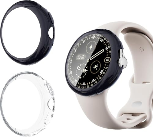 Holilo 2 Stück Hülle für Google Pixel Watch 4 45mm Rundum Schutzhülle,Vollständige Abdeckung Schutzhülle Ultradünne Kratzfest Schutz Case-Schwarz+Transparent