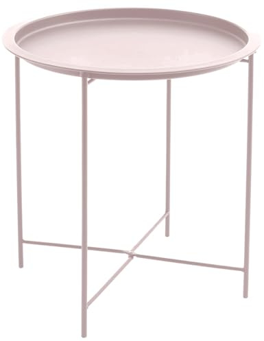 Acomoda Textil – Mesa Auxiliar Plegable de Metal para Recibidor, Salón y Oficina. Mesita de Café Redonda para Centro con Bandeja Extraíble Decorativa, Cómoda y Ligera 40x51 cm. (Crema)