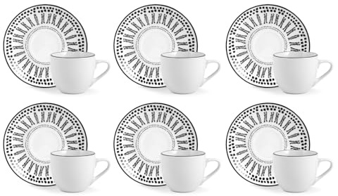 H&H Set of 6 Tazze Caffe Voyage Nero Con Piattino in Porcellana