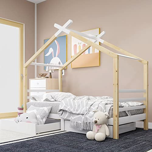 XPSSJMU Jugendbett, Hausbett mit Schubladen, Massivholz mit Lattenrost, Kiefernholz-Hausbett, Jugendzimmer, weiß + Holzfarbe (90x200cm)