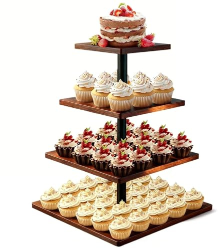 4-stöckige Etagere Holz Tortenständer | Cupcake Ständer & Servierständer für Desserts, Gebäck & Obst | Rustikaler Kuchenständer für Hochzeit, Party & Küche | Stabiles Design mit Metallrahmen