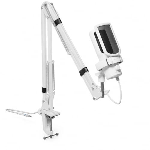 Genesis Radium 251 USB Gaming Mikrofon mit Arm, RGB, 192 kHz/24 Bit, Weiß | Kardioid-Kondensatormikrofon für PC mit USB-C, Mikrofonarm, Popfilter, Mute, Gain-Regler und Kopfhöreranschluss