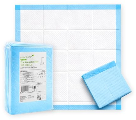 Medi-Inn Krankenunterlagen SAP Select 60x60 cm, 200x saugstarke Einweg Bettschutzunterlagen, Inkontinenzunterlagen, Wickelunterlage für Babys, flüssigkeitsdicht & rutschhemmend, blau