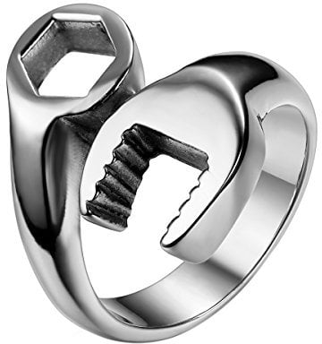 JewelryWe Stainless Steel Polished Biker Mens Ring Mechanic Wrench Design Colour Silver X(with Gift Bag)