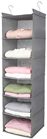 MAX Houser 6 Tier Shelf Hanging Closet Organizer, Closet Hanging Shelf with 2 Sturdy Hooks for Storage, Foldable (Light Grey)