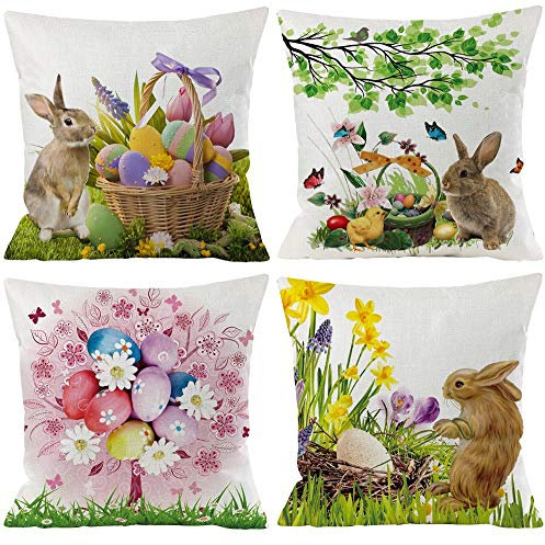 Oster-Kissenbezüge, 45.7x45.7 cm, Frühlingskissenbezüge, 4 Stück, Frohe Ostereier, Baum, Hase, Frühlingsblumen, dekorativer Überwurf, Kissenbezug, quadratisch für Sofa, Couch, Bett, De, Dekoration